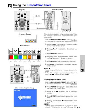 Page 45E-44
Useful Features
Using the Presentation Tools
Red Green Blue Yellow Orange White Black
When selecting Sharp default image
Menu Window
1
3 2, 4
This projector is equipped with presentation tools. These
will help you emphasize keypoints within your
presentation.
(Slide the MOUSE/ADJUSTMENT switch
on the remote control to the ADJ. position.)
1Press TOOLS to display the presentation tools
menu window on the screen.
2Press ∂/ƒ/ß/© to select the desired tool and
color.
3Press ENTER to select it.
4Once the...