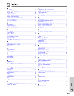 Page 65E-64
Appendix
Index
A
AC socket ......................................................................... 11
ADJUSTMENT buttons ..................................................... 23
Aspect ratio ...................................................................... 36
Audio adjustments ........................................................... 28
AUDIO INPUT terminal .................................................... 11
AUDIO INPUT terminals ................................................... 13...