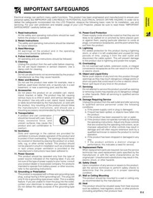 Page 3E-2
Important
Information
IMPORTANT SAFEGUARDS
Electrical energy can perform many useful functions. This product has been engineered and manufactured to ensure your
personal safety. But IMPROPER USE CAN RESULT IN POTENTIAL ELECTRICAL SHOCK OR FIRE HAZARD. In order not to
defeat the safeguards incorporated into this LCD Projector, observe the following basic rules for its installation, use and
servicing. For your own protection and reliable usage of your LCD Projector, please be sure to read these...