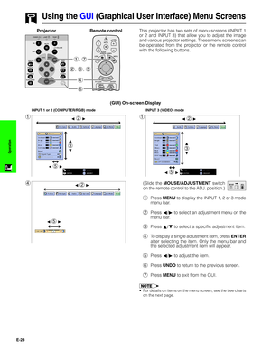 Page 24E-23
Operation
Using the GUI (Graphical User Interface) Menu Screens
(GUI) On-screen Display
1
INPUT 1 or 2 (COMPUTER/RGB) mode
1
INPUT 3 (VIDEO) mode
4(Slide the MOUSE/ADJUSTMENT switch
on the remote control to the ADJ. position.)
1Press MENU to display the INPUT 1, 2 or 3 mode
menu bar.
2Press ß/© to select an adjustment menu on the
menu bar.
3Press ∂/ƒ to select a specific adjustment item.
4To display a single adjustment item, press ENTER
after selecting the item. Only the menu bar and
the selected...