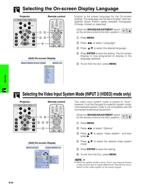 Page 26E-25
Operation
Selecting the On-screen Display Language
4 2, 3 1, 5
Projector
(GUI) On-screen Display
English is the preset language for the On-screen
Display. The language can be set to English, German,
Spanish, Dutch, French, Italian, Swedish, Portuguese,
Chinese, Korean or Japanese.
(Slide the MOUSE/ADJUSTMENT switch
on the remote control to the ADJ. position.)
1Press MENU.
2Press ß/© to select “Language”.
3Press  ∂/ƒ to select the desired language .
4Press ENTER to save the setting. The On-screen...