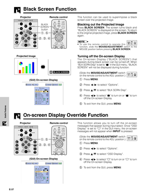 Page 38E-37
Useful Features
Black Screen Function
This function can be used to superimpose a black
screen over the projected image.
Blacking out the Projected Image
Press BLACK SCREEN. The screen turns black and
“BLACK SCREEN” is displayed on the screen. To return
to the original projected image, press BLACK SCREEN
again.
•To use the remote control to operate this
function, slide the MOUSE/ADJUSTMENT switch to the
MOUSE position before pressing BLACK SCREEN.
Turning off the On-screen Display
The On-screen...