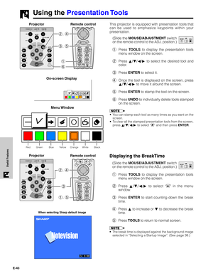 Page 44E-43
Useful Features
Using the Presentation Tools
Red Green Blue Yellow Orange White Black
When selecting Sharp default image
Menu WindowThis projector is equipped with presentation tools that
can be used to emphasize keypoints within your
presentation.
(Slide the MOUSE/ADJUSTMENT switch
on the remote control to the ADJ. position.)
1Press TOOLS to display the presentation tools
menu window on the screen.
2Press ∂/ƒ/ß/© to select the desired tool and
color.
3Press ENTER to select it.
4Once the tool is...