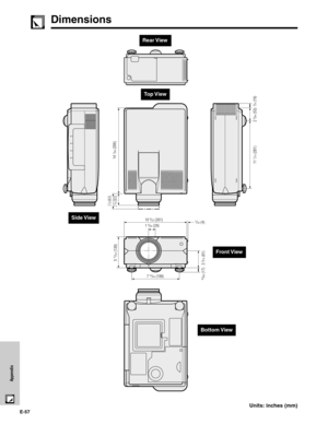 Page 58E-57
Appendix
Dimensions
Units: inches (mm)
Rear View
11 1/16 (281) 14 1/64 (356)
2 3/16 (55.5)
5 15/32 (139)
2 3/8 (60.5)
2 5/64 (53)  
3/4 (19)
 43/64 (17) 3 
3/16 (81)
10 9/32 (261)
1 9/64 (29)5/32 (4)
7 
53/64 (199)
Top View
Side View
Front View
Bottom View 