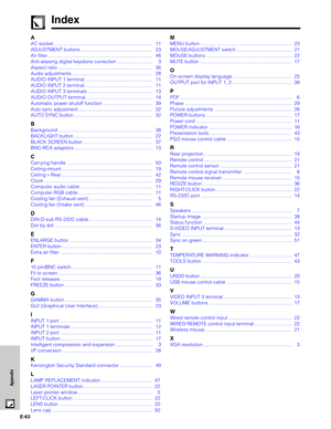 Page 64E-63
Appendix
Index
A
AC socket ......................................................................... 11
ADJUSTMENT buttons ..................................................... 23
Air filter ............................................................................. 46
Anti-aliasing digital keystone correction .......................... 3
Aspect ratio ...................................................................... 36
Audio adjustments...