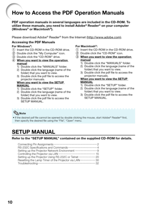 Page 1410
How to Access the PDF Operation Manuals
PDF operation manuals in several languages are included in the CD-ROM. To 
utilize these manuals, you need to install Adobe® Reader® on your computer 
(Windows® or Macintosh®).
Please download Adobe
® Reader® from the Internet (http://www.adobe.com).
Accessing the PDF Manuals
For Windows®:
1  Insert the CD-ROM in the CD-ROM drive.
2  Double click the “My Computer” icon.
3  Double click the “CD-ROM” drive.
4 When you want to view the operation 
manual
1)  Double...