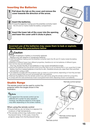 Page 1915
IntroductionInserting the Batteries
1  Pull down the tab on the cover and remove the 
cover towards the direction of the arrow.
2 Insert the batteries.Insert the batteries making sure the polarities correctly match 
the m and n marks inside the battery compartment.
3  Insert the lower tab of the cover into the opening, 
and lower the cover until it clicks in place.
Incorrect use of the batteries may cause them to leak or explode. 
Please follow the precautions below
Caution
Danger of explosion if...