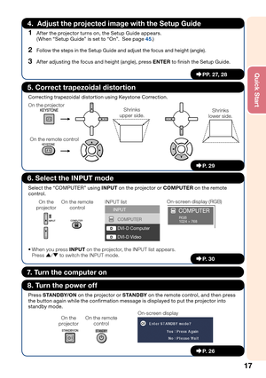 Page 2117
Quick Start
1  After the projector turns on, the Setup Guide appears. 
  (When “Setup Guide” is set to “On”.  See page 45.)
2 Follow the steps in the Setup Guide and adjust the focus and height (angle).
3  After adjusting the focus and height (angle), press ENTER to ﬁ nish the Setup Guide.
4.  Adjust the projected image with the Setup Guide
_PP. 27, 28
Correcting trapezoidal distortion using Keystone Correction.
On the projector
On the remote controlShrinks   
upper side.Shrinks  
lower side.
5....