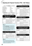 Page 5046
Adjusting the Projector Function (“PRJ - ADJ” Menu)
Menu operation n Page 39
SEL./ADJ. ENTER END Auto Power Off
System Sound
System Lock
hOn On
Auto Restart On
STANDBY Mode Standard
0 min0 Lamp Timer(Life) 100% Speaker On
Audio Input Audio 1
RS-232C 9600bps
Fan Mode Normal
Disable Auto Sync OnPict. SCRPRJ-ADJNet. Help
1
2
3
4
5
6
7
8
9
0
1 Auto Sync (Auto Sync
 Adjustment)
Selectable 
itemsDescription
On Auto Sync adjustment will occur when 
the projector is turned on or when the 
input signals are...