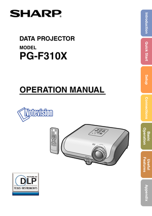 Page 1DATA PROJECTOR
MODEL
PG-F310X
Introduction Quick Start
SetupConnections Basic
Operation Useful
Features
Appendix
OPERATION MANUAL 