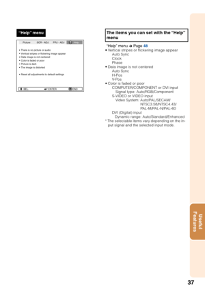 Page 4137
Useful
Features
SEL ENTER END
There is no picture or audio
Vertical stripes or flickering image appear
Data image is not centered
Color is faded or poor
Picture is dark
The image is distorted
Reset all adjustments to default settingsSEL.
Picture SCR - ADJ PRJ - ADJ
Help
The items you can set with the “Help”
menu
“Help” menu n Page  48•Vertical stripes or flickering image appear
Auto Sync
Clock
Phase
• Data image is not centered
Auto Sync
H-Pos
V-Pos
• Color is faded or poor
COMPUTER/COMPONENT or DVI...