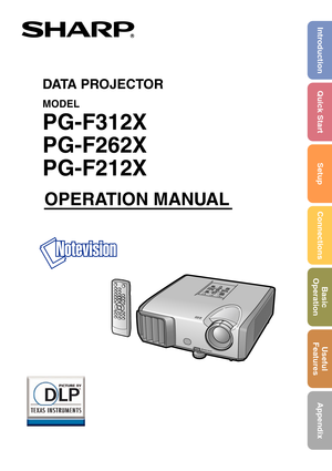 Page 1Introduction Quick StartSetupConnections Basic
Operation Useful
Features
Appendix
OPERATION MANUAL
DA TA PROJECTOR
MODEL
PG-F312X
PG-F262X
PG-F212X 