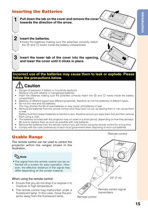 Page 1915
Introduction
Remote control
Remote control signal
transmitters
Remote control 23
n (7 m)
30°
30°
Inserting the Batteries
Insert the lower tab of the cover into the opening,
and lower the cover until it clicks in place. Insert the batteries.
• Insert the batteries making sure the polarities correctly match
the m  and n marks inside the battery compartment.
Pull down the tab on the cover and remove the cover
towards the direction of the arrow.1
• Danger of explosion if battery is incorrectly replaced....