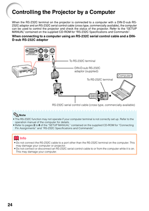 Page 2824
Controlling the Projector by a Computer
When the RS-232C terminal on the projector is connected to a computer with a DIN-D-sub RS-
232C adaptor and an RS-232C serial control cable (cross type, commercially available), the computer
can be used to control the projector and check the status of the projector. Refer to the “SETUP
MANUAL” contained on the supplied CD-ROM for “RS-232C Specifications and Commands”.
When connecting to a computer using an RS-232C serial control cable and a DIN-
D-sub RS-232C...