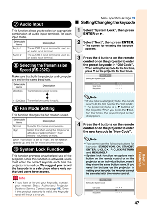 Page 5147
Useful
Features
Info
•If you lose or forget your keycode, contact
your nearest Sharp Authorized Projector
Dealer or Service Center (see page  58). Even
if the product warranty is valid, the keycode
r eset will incur a charge.
0 0  0 0 
0  System Lock Function
This function prevents unauthorized use of the
projector. Once this function is activated, users
must enter the correct keycode each time the
projector is turned on.  We suggest you record
the keycode in a safe place where only au-
thorized users...