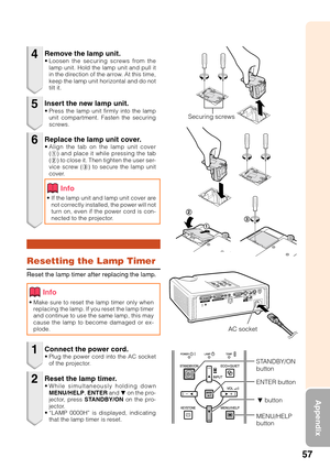 Page 6157
Appendix
Remove the lamp unit.•Loosen the securing screws from the
lamp unit. Hold the lamp unit and pull it
in the direction of the arrow. At this time,
keep the lamp unit horizontal and do not
tilt it.
Resetting the Lamp Timer
Reset the lamp timer after replacing the lamp.
Insert the new lamp unit.•Pr ess the lamp unit firmly into the lamp
unit compartment. Fasten the securing
screws.
Replace the lamp unit cover.• Align the tab on the lamp unit cover
(1 ) and place it while pressing the tab
( 2 ) to...