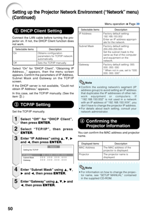 Page 5450
3
3 3
3
3
TCP/IP Setting
4
4 4
4
4
Confirming the
Projector Information
You can confirm the MAC address and projector
name.
Selectable items
IP Address
Subnet Mask
Gateway Description
Factory default setting:
192.168.150.002
Enter an IP address appropri-
ate for the network.
Factory default setting:
255.255.255.000
Set the subnet mask to the
same as that of the computer
and equipment on the
network.
Factory default setting: 000.
000. 000. 000
* When not in use, set to “000.
000. 000. 000”.
Displayed...