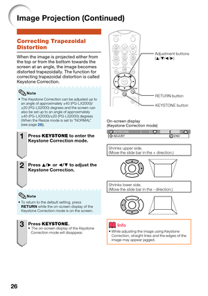 Page 28
26
Correcting Trapezoidal 
Distortion
When the image is projected either from 
the top or from the bottom towards the 
screen at an angle, the image becomes 
distorted trapezoidally. The function for 
correcting trapezoidal distortion is called 
Keystone Correction.
The Keystone Correction can be adjusted up to 
an angle of approximately ±40 (PG-L X2000)/
±20 (PG-LS2000) degrees and the screen can 
also be set up to an angle of approximately 
±40 (PG-L X2000)/±20 (PG-LS2000) degrees 
(When the Resize...