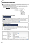 Page 56
54
Maintenance Indicators
The warning lights (power indicator, lamp indicator and temperature warning indicator) on the 
projector indicate problems inside the projector.
If a problem occurs, either the temperature warning indicator or the lamp indicator will 
illuminate red, and the projector will enter Standby mode. After the projector has entered 
Standby mode, follow the procedures given below.
To p  V i e wLamp indicator
Temperature warning indicator
Power indicator
About the temperature warning...