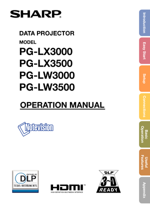 Page 1
IntroductionEasy Start SetupConnections Basic            
Operation Useful        
Features
Appendix
OPERATION MANUAL
DATA PROJECTOR
MODEL
PG-LX3000
PG-LX3500
PG-LW3000
PG-LW3500 