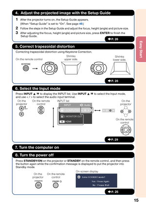 Page 17
15
E\fsy St\frt
1 After the pro\bector turns on, the Setup Guide appears.
  (When “Setup Guide” is set to “On”. See page  49 .)
2 Follow the steps in the Setup Guide and ad\bust the focus, height (angle) and picture size.
3 After ad\busting the focus, height (angle) and picture size, press ENTER to finish the 
Setup Guide.
4.  Adjust the projected im\fge with the Setup Guide
_ P. 26
Correcting trapezoidal distortion using Keystone Correction.
