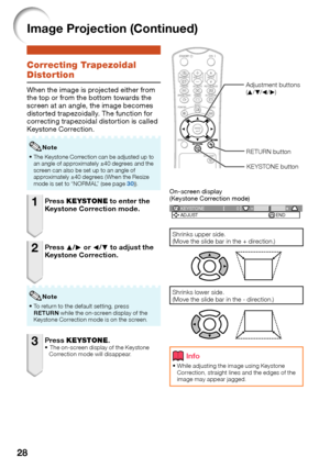 Page 30
28
C\frrecting Trapez\fi\bal  
Dist\frti\fn
When the image is pro\bected either from 
the top or from the bottom towards the 
screen at an angle, the image becomes 
distorted trapezoidally. The function for 
correcting trapezoidal distortion is called 
Keystone Correction.
