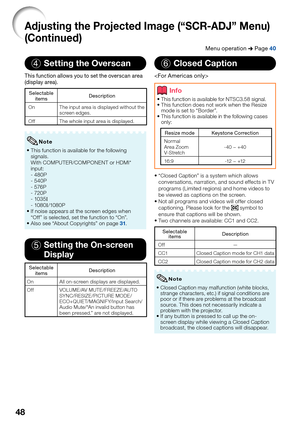 Page 50
48
4 Setting the Oversc\fn
This function allows you to set the overscan area 
(display area).
Selectable 
items Description
	
