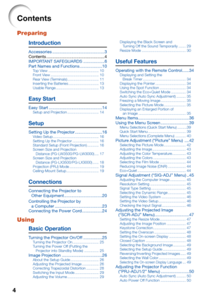 Page 6
4
Contents
Preparing
Introduction
Accessories  ..................\S..................\S........ 3
Contents   ..................\S..................\S............. 4
IMPORTANT SAFEGUARDS   ..................\S6
Part Names and Func\Stions
  ..................\S.10
