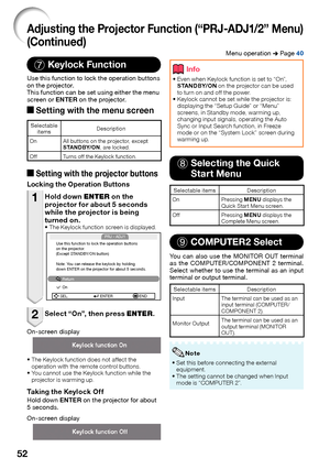 Page 54
52
7 Keylock \bunction
Use this function to lock the operation buttons 
on the pro\bector.
This function can be set using either the menu 
screen or ENTER on the pro\bector.
a
 Setting with the menu screen
Selectable 
items Description
