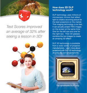 Page 2Test Scores improved 
an average of 32% after 
seeing a lesson in 3D!
How does 3D DLP 
technology work?
DLP technology uses millions of 
microscopic mirrors that re ect 
light to create a stunning picture for 
the best projectors on the market.  
This imaging technology is so fast, 
it can actually project TWO images 
on the screen at the same time: 
One for the left eye and one for 
the right eye.  Then 3D glasses 
combine the two images to create 
an amazing 3D effect!
DLP 3D technology is available...