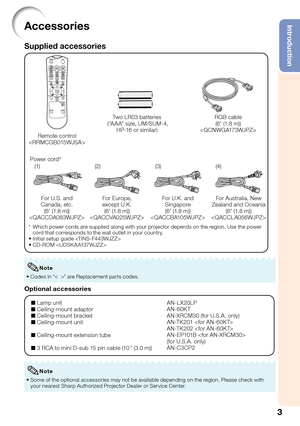 Page 5
3
IntroductionAccessories
Supplied accessories
Power cord*For U.S. and 
Canada, etc.  (6  (1.8 m))
 For Europe, 
except U.K.  (6  (1.8 m))
 For U.K. and 
Singapore (6  (1.8 m))
 For Australia, New 
Zealand and Oceania (6 (1.8 m))

(1) (2) (3) (4)
*   
Which power cords are supplied along with your projector depends on the region. Use the power 
cord that corresponds to the wall outlet in your country.
Initial setup guide 
CD-ROM 
•
•
Remote control 

Two LR03 batteries
 (“A A A” size, UM/SUM-4,  HP-16...