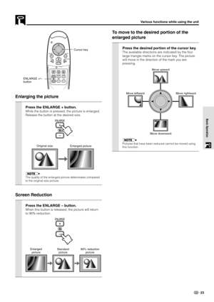 Page 2523
Basic Operation
Enlarging the picture
Press the ENLARGE + button.
While the button is pressed, the picture is enlarged.
Release the button at the desired size.
ENLARGE
The quality of the enlarged picture deteriorates compared
to the original size picture.
Screen Reduction
Press the ENLARGE – button.
When this button is released, the picture will return
to 90% reduction.
ENLARGE
Original size
Enlarged picture
Enlarged
pictureStandard
picture
To move to the desired portion of the
enlarged picture
Press...