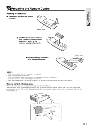 Page 119
Basic Information &
Preparations
Preparing the Remote Control
Inserting the batteries
1Press firmly and slide the battery
cover off.
• If the remote control gets wet, wipe it dry immediately.
• Avoid excessive heat and humidity.
• If you will not be using the remote control for a long time, remove the batteries.
• Do not mix new and old or different types of batteries.
• There are operations that can only be carried out by remote control. Handle the remote control carefully.
Remote control effective...