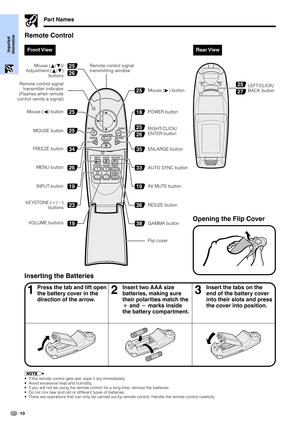 Page 12Important
Information
10
Front View
Part Names
Rear View
Remote Control
Mouse (∂/ƒ)/
Adjustment (∂/ƒ)
buttons
25
27
FREEZE button Mouse (ß) button
MOUSE button
INPUT button MENU button
KEYSTONE (/)
buttons
VOLUME buttonsPOWER button
RIGHT-CLICK/
ENTER button
ENLARGE button
AUTO SYNC button
RESIZE buttonLEFT-CLICK/
BACK button
AV MUTE button
GAMMA button
Flip coverMouse (©) button
Inserting the Batteries
13Press the tab and lift open
the battery cover in the
direction of the arrow.2Insert two AAA size...