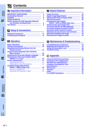 Page 8Important
Information
6
Important Information
Contents
IMPORTANT SAFEGUARDS …………………… 3
Outstanding Features …………………………… 5
Contents …………………………………………… 6
Usage Guidelines ………………………………… 7
How to Access the PDF Operation Manuals
(for Windows and Macintosh) ……………… 8
Part Names ………………………………………… 9
Setup & Connections
Supplied Accessories……………………………12
Connecting the Projector………………………13
Basic Operations…………………………………18
Setting up the Screen……………………………20
Operating the Wireless Mouse from the
Remote...