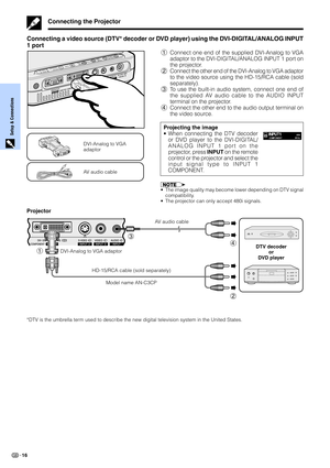 Page 18Setup & Connections
16
Connecting the Projector
Connecting a video source (DTV* decoder or DVD player) using the DVI-DIGITAL/ANALOG INPUT
1 port
1Connect one end of the supplied DVI-Analog to VGA
adaptor to the DVI-DIGITAL/ANALOG INPUT 1 port on
the projector.
2Connect the other end of the DVI-Analog to VGA adaptor
to the video source using the HD-15/RCA cable (sold
separately).
3To use the built-in audio system, connect one end of
the supplied AV audio cable to the AUDIO INPUT
terminal on the...