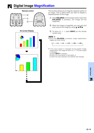 Page 3735
Useful Features
Digital Image Magnification
This function allows you to magnify a specific portion of
an image. This is useful when you want to display a
detailed portion of the image.
1Press ENLARGE on the remote control. Each time
ENLARGE is pressed, the image will be
magnified.
2When the image is magnified, you can pan and
scan around the image by using ∂/ß/ƒ/©.
3To return to  1, press BACK (on the remote
control only).
•Each time ENLARGE is pressed, image magnification
toggles as shown below....