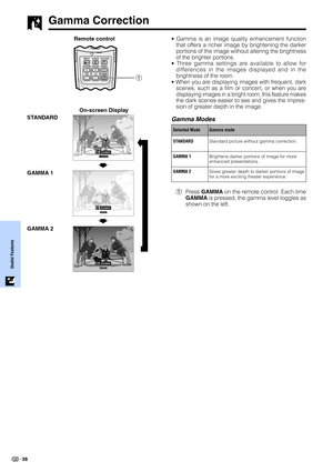 Page 4038
Useful Features
Gamma Correction
• Gamma is an image quality enhancement function
that offers a richer image by brightening the darker
portions of the image without altering the brightness
of the brighter portions.
• Three gamma settings are available to allow for
differences in the images displayed and in the
brightness of the room.
• When you are displaying images with frequent, dark
scenes, such as a film or concert, or when you are
displaying images in a bright room, this feature makes
the dark...