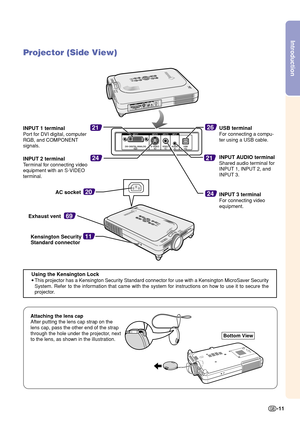 Page 15Introduction
-11
2420
69
11
26
21
21
24
Projector (Side View)
Exhaust ventAC socket
Kensington Security
Standard connector
Using the Kensington Lock
•
This projector has a Kensington Security Standard connector for use with a Kensington MicroSaver Security
System. Refer to the information that came with the system for instructions on how to use it to secure the
projector.
Attaching the lens cap
After putting the lens cap strap on the
lens cap, pass the other end of the strap
through the hole under the...