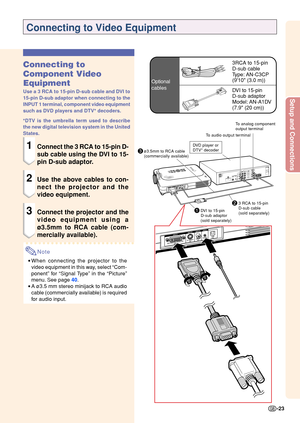 Page 27Setup and Connections
-23
1DVI to 15-pinD-sub adaptor
(sold separately)
Connecting to Video Equipment
Connecting to 
Component Video 
Equipment
Use a 3 RCA to 15-pin D-sub cable and DVI to 
15-pin D-sub adaptor when connecting to the 
INPUT 1 terminal, component video equipment 
such as DVD players and DTV* decoders. 
*DTV is the umbrella term used to describe 
the new digital television system in the United 
States.
1Connect the 3 RCA to 15-pin D- 
sub cable using the DVI to 15- 
pin D-sub adaptor.
2Use...