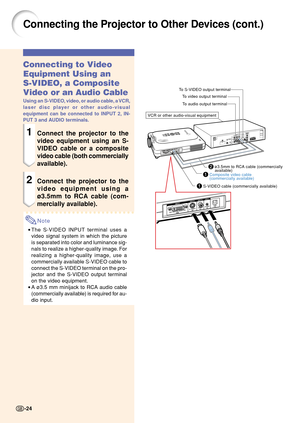 Page 281S-VIDEO cable (commercially available)
Connecting the Projector to Other Devices (cont.)
Connecting to Video
Equipment Using an
S-VIDEO, a Composite
Video or an Audio Cable
Using an S-VIDEO, video, or audio cable, a VCR,
laser disc player or other audio-visual
equipment can be connected to INPUT 2, IN-
PUT 3 and AUDIO terminals.
1Connect the projector to the
video equipment using an S-
VIDEO cable or a composite
video cable (both commercially
available).
2Connect the projector to the
video equipment...