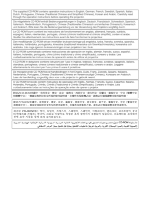 Page 4The supplied CD-ROM contains operation instructions in English, German, French, Swedish, Spanish, Italian,
Dutch, Portuguese, Chinese (Traditional Chinese and Simplified Chinese), Korean and Arabic. Carefully read
through the operation instructions before operating the projector.
Die mitgelieferte CD-ROM enthält Bedienungsanleitungen in Englisch, Deutsch, Französisch, Schwedisch, Spanisch,
Italienisch, Niederländisch, Portugiesisch, Chinese (Traditionelles Chinesisch und einfaches Chinesisch),...