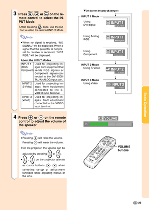 Page 33Basic Operation
-29
"On-screen Display (Example)➝
➝➝
Using Analog
RGB
Using
Component
INPUT 2 Mode
   Using S-Video
INPUT 3 Mode
   Using Video
3Press ,  or  on the re-
mote control to select the IN-
PUT Mode.
•After pressing  once, use the but-
ton to select the desired INPUT Mode.
Note
•When no signal is received, “NO
SIGNAL” will be displayed. When a
signal that the projector is not pre-
set to receive is received, “NOT
REG.” will be displayed.
About the INPUT Modes
INPUT 1 Mode
Using
   DVI...