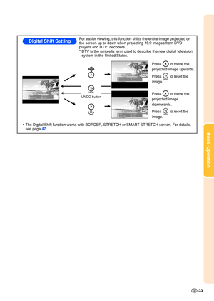 Page 37Basic Operation
-33
•The Digital Shift function works with BORDER, STRETCH or SMART STRETCH s\
creen. For details,  
see page  47.
Digital Shift SettingFor easier viewing, this function shifts the entire image projected on  
the screen up or down when projecting 16:9 images from DVD 
players and DTV* decoders.
* DTV is the umbrella term used to describe the new digital television 
system in the United States.
UNDO button
Press         to move the 
projected image upwards. 
Press         to reset the...