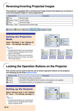 Page 64Reversing/Inverting Projected Images
This projector is equipped with a reverse/invert image function that allows you to reverse or 
invert the projected image for various applications.
Setting the Projection 
Mode
Select “PRJ Mode ” in the  “Options (2) ”
menu  ➝ For settings, see page  3 8.
Note
• If a password has been set, the password 
input box will be displayed when select-
ing the  “PRJ Mode ”.
• This function is used for the reversed im-
age and ceiling-mount setups. See page 
19  for these...