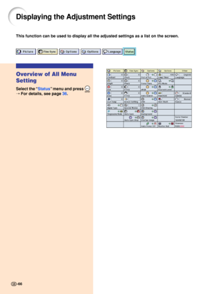 Page 70This function can be used to display all the adjusted settings as a list\
 on the screen.
Displaying the Adjustment Settings
Overview of All Menu 
Setting
Select the “ Status ” me nu and press 
➝  For details, see page  36.
-66 