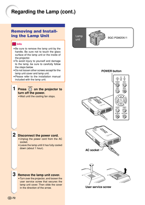 Page 76POWER button
Regarding the Lamp (cont.)
Removing and Install-
ing the Lamp Unit
Info
•Be sure to remove the lamp unit by the
handle. Be sure not to touch the glass
surface of the lamp unit or the inside of
the projector.
•To avoid injury to yourself and damage
to the lamp, be sure to carefully follow
the steps below.
•Do not loosen other screws except for the
lamp unit cover and lamp unit.
•Please refer to the installation manual
included with the lamp unit.
1Press  on the projector to
turn off the...