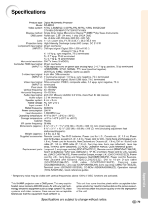 Page 83Appendix
-79
Specifications
Digital Multimedia Projector
PG-M20S
NTSC 3.58/NTSC 4.43/PAL/PAL-M/PAL-N/PAL 60/SECAM/
DTV480I/DTV480P/DTV720P/DTV1080I
Single Chip Digital Micromirror Device™ (DMD™) by Texas Instruments
Panel size: 0.55 (14 mm), 1 chip SVGA DMD
No. of dots: 480,000 dots (800 [H] × 600 [V])
1–1.2 × zoom lens, F1.75–2.04, f = 28.0–33.5 mm
High Intensity Discharge Lamp (HID Lamp), DC 210 W
29-pin connector
DVI input signal: Digital 250–1,000 mV 50 Ω
Analog 0.7 Vp-p 75 Ω
Y: 1.0 Vp-p, sync...