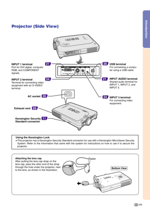 Page 15Introduction
-11
2420
69
11
26
21
21
24
Projector (Side View)
Exhaust ventAC socket
Kensington Security
Standard connector
Using the Kensington Lock
•
This projector has a Kensington Security Standard connector for use with a Kensington MicroSaver Security
System. Refer to the information that came with the system for instructions on how to use it to secure the
projector.
Attaching the lens cap
After putting the lens cap strap on the
lens cap, pass the other end of the strap
through the hole under the...