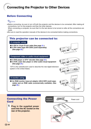 Page 24Connecting the Projector to Other Devices
Before Connecting
Note
•Before connecting, be sure to turn off both the projector and the devices to be connected. After making all 
connections, turn on the projector and then the other devices. 
When connecting a computer, be sure that it is the last device to be turned on after all the connections are
made.
• Be sure to read the operation manuals of the devices to be connected before making connections.
Connecting the Power 
Cord
1Plug in the supplied power...